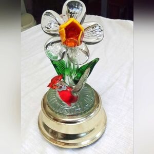 Glass Flower Sculpture with Bird Music Box